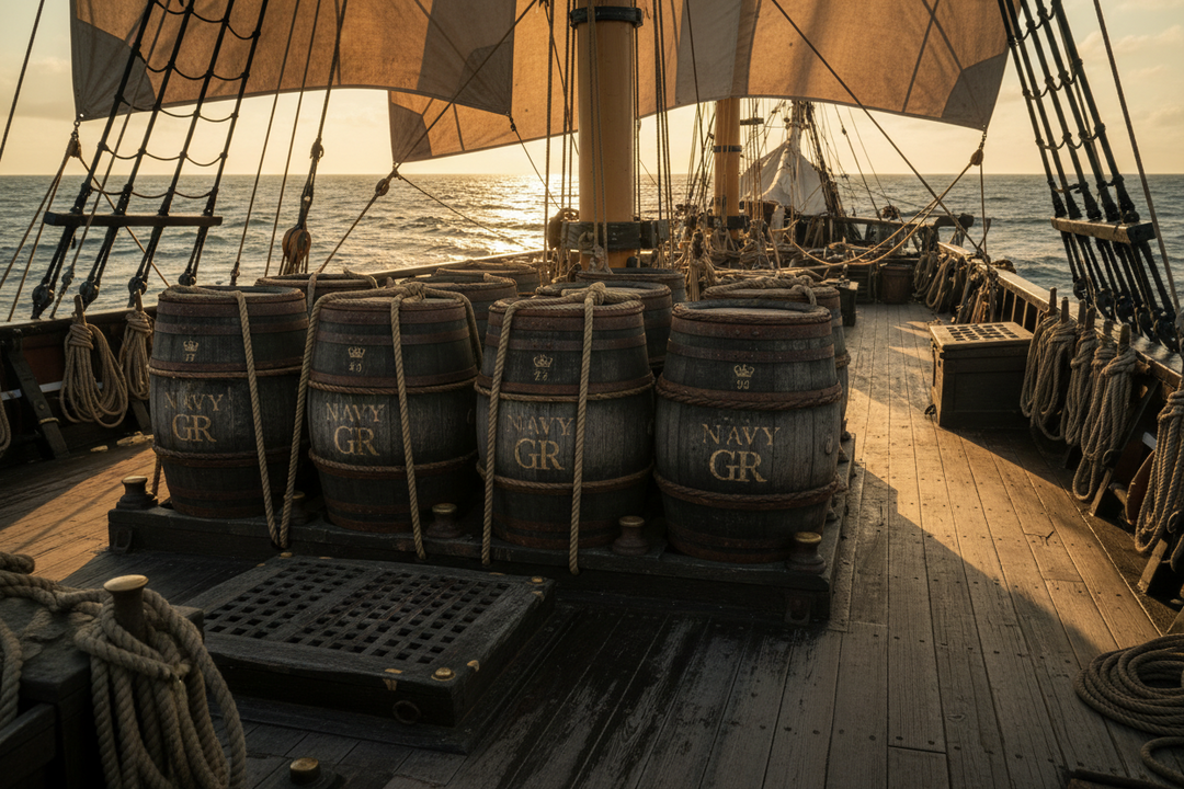 Futs de navy rum sur un bateau