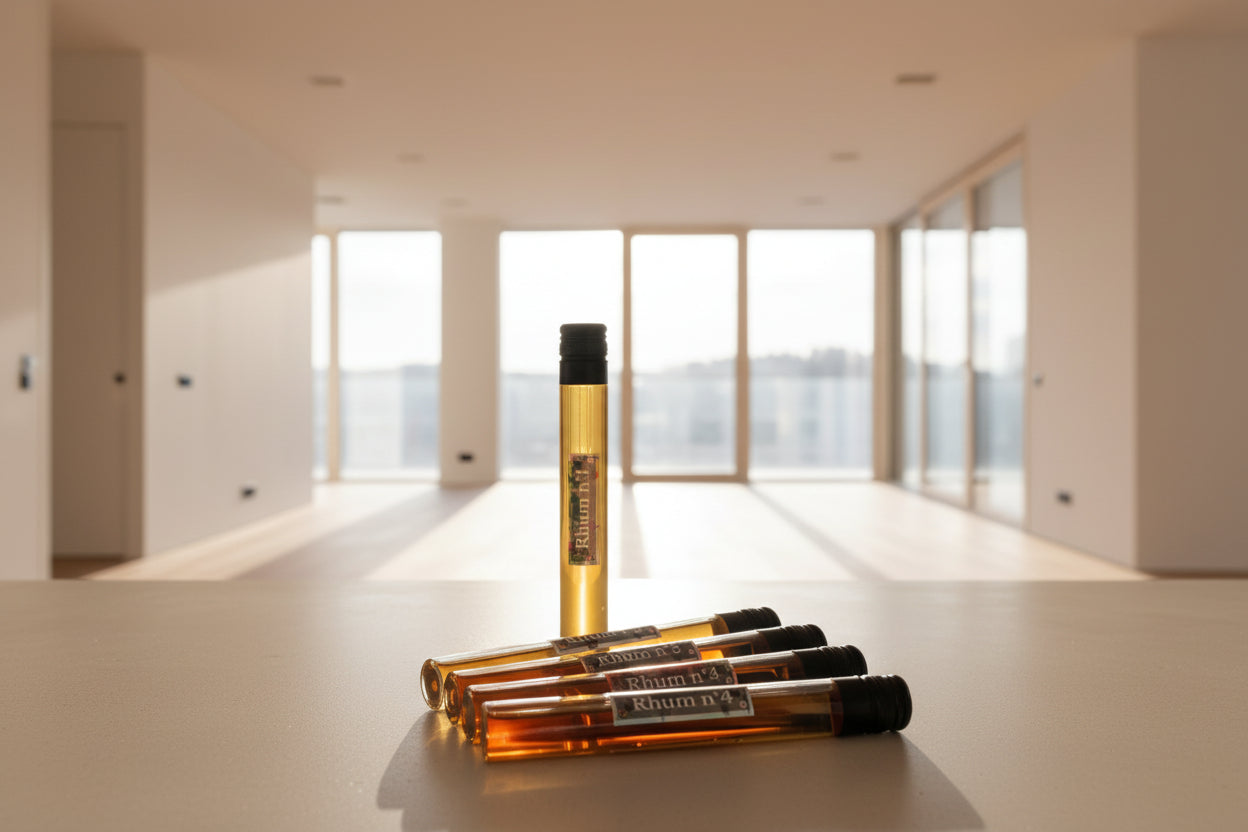 Une vue des 5 tubes de 10cl du coffret rhum dans un penthouse baigné d'une lumière rasante